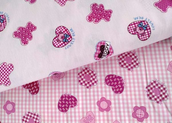 Carola check or stripes cotton poplin pink fabric with flowers